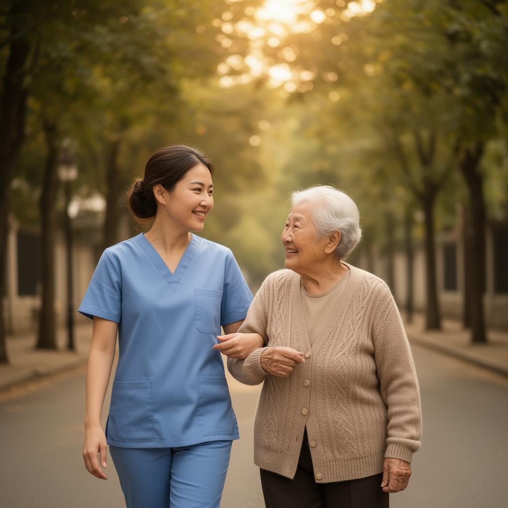 Caregiver and elderly woman walking together
