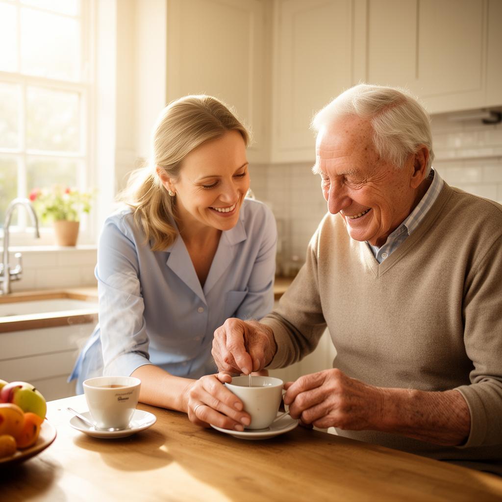 Caregiver helping an elderly gentleman with a cup of tea