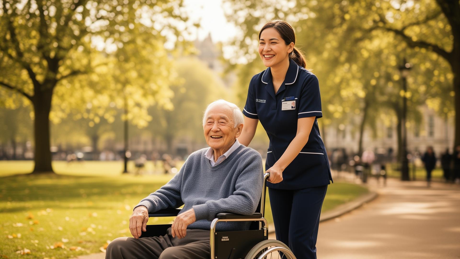 Smiling caregiver pushing an elderly client in a wheelchair through a sunny London park